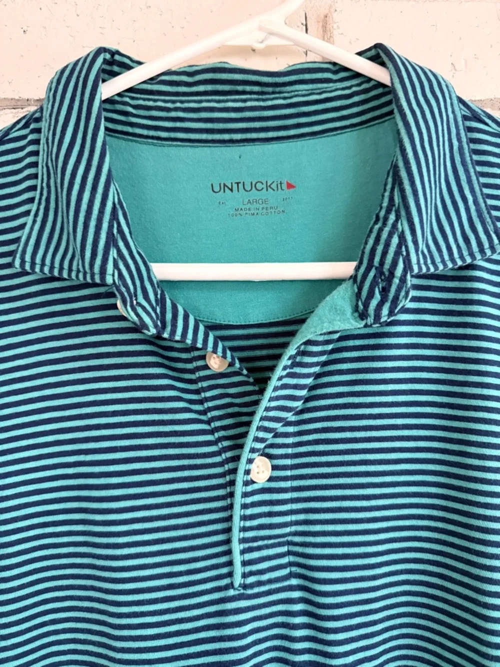 UNTUCKit Men’s Large Blue Teal Stripped Polo Shirt Short Sleeve Casual Stretch - Picture 5 of 10